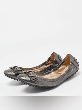 Tod’s Ballerina Dee Ribbon Gunmetal Metallic Leather Ballet Flats Size 6 NIB